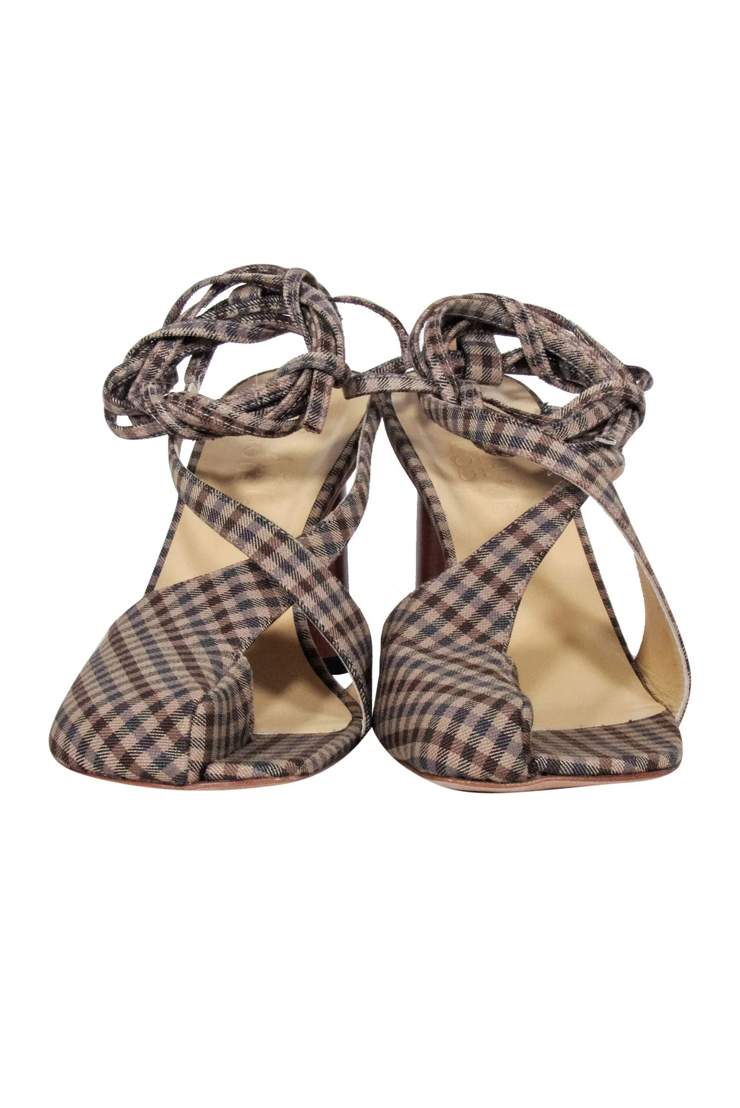 A.W.A.K.E. Mode - Brown & Beige Gingham Asymmetric Open-Toe Heels Sz 8