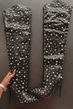 Oh That Look Is Baddd Black Thigh High Rhinestone Pearl Studded Boots